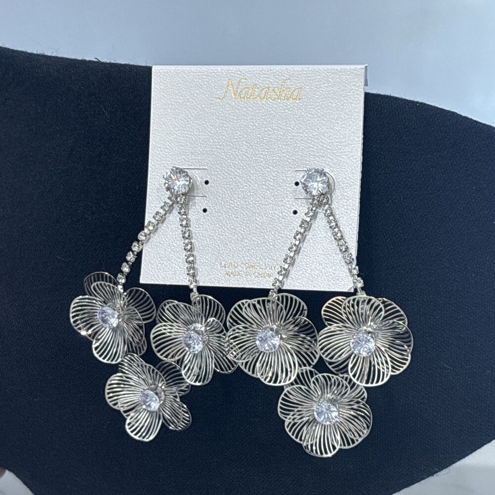 Natasha Silver Tone Wire Floral Rhinestone Statement Earrings NWT - Picture 2 of 9